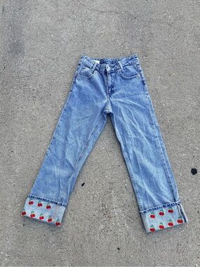 Zara Kids Cuffed Light Wash Jeans with Cherry Embroidery - 11/12